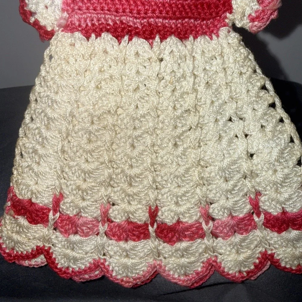 Vintage Crochet  White / Pink Bottle Dress - Trivet/Potholder  Ornament Preowned